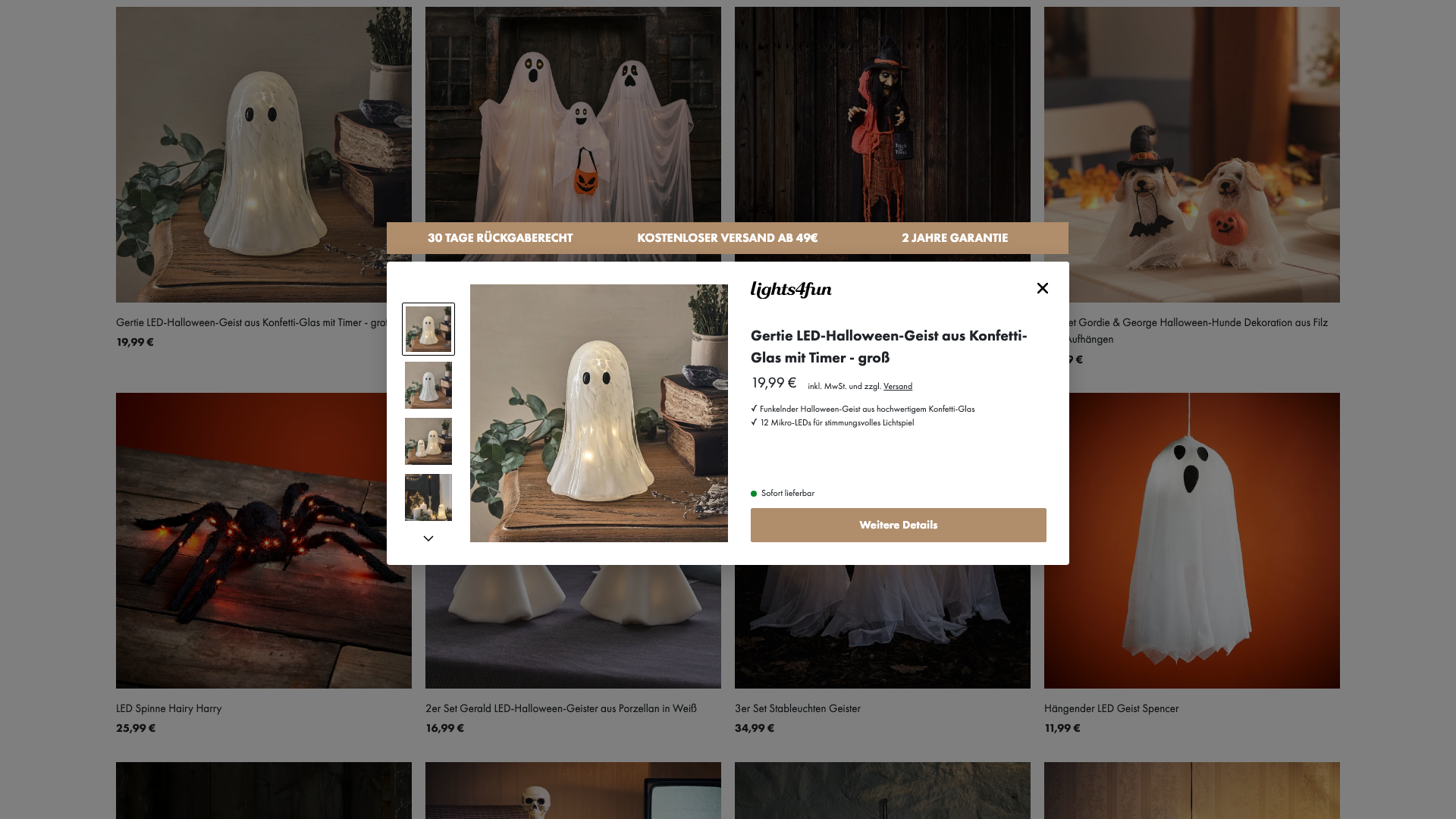 Discovery Page bei Lights4fun mit einem LED-Halloween-Geist vorne und passenden Deko-Alternativen im Hintergrund