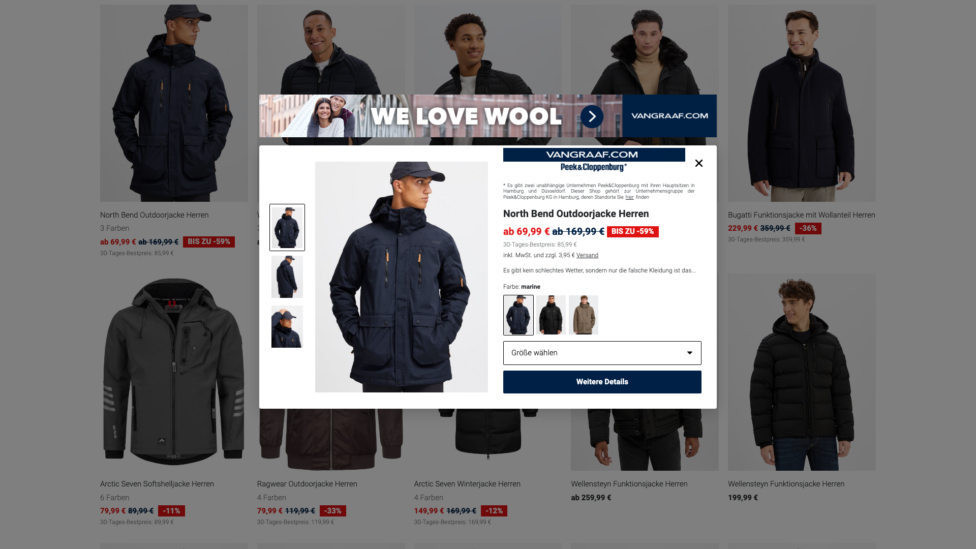 Discovery Page bei Van Graaf mit einer Outdoorjacke vorne und weiteren Herrenjacken im Hintergrund